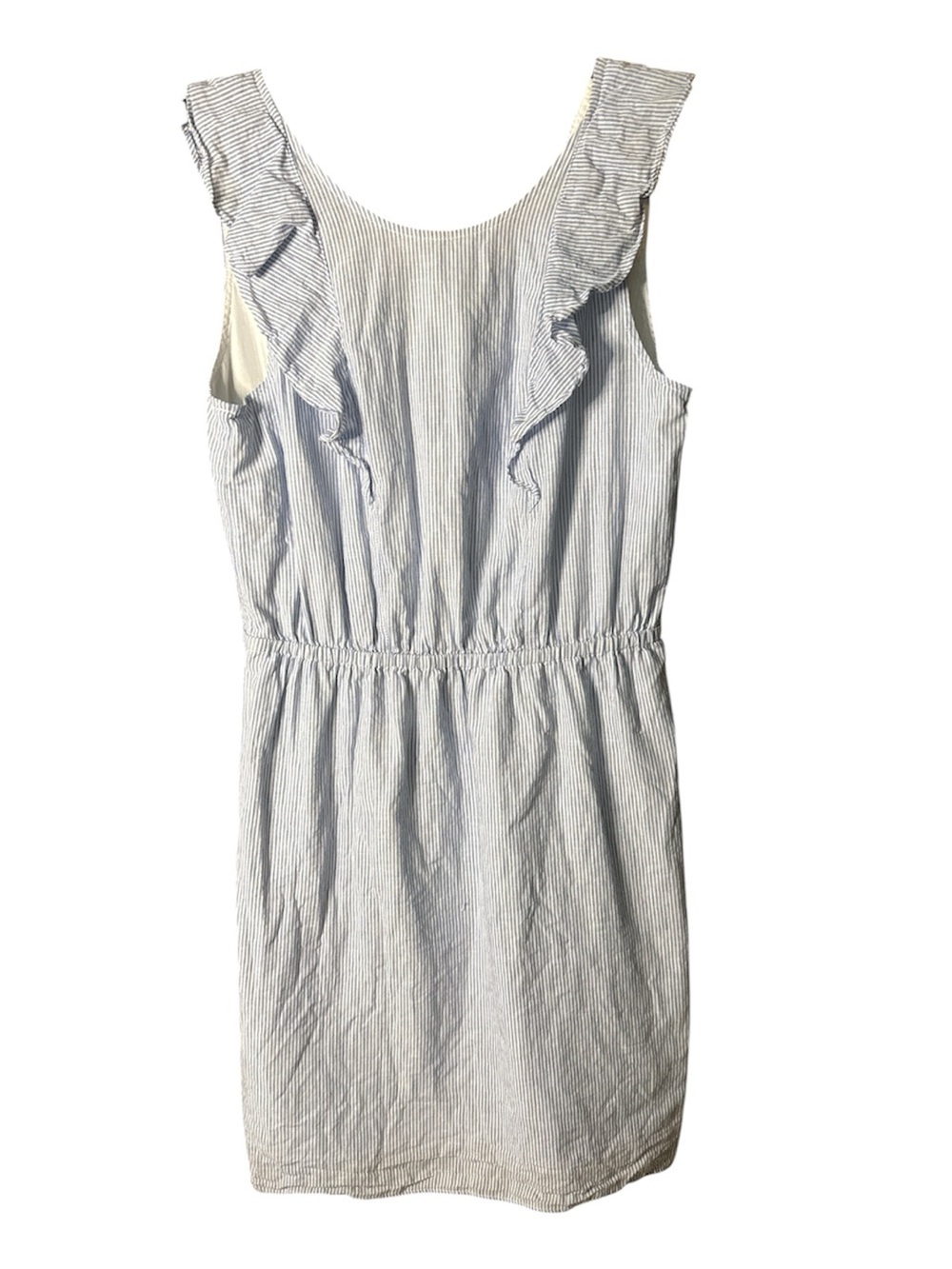J. Crew Blue and White Stiped Ruffle Shoulder Dress size: 4
